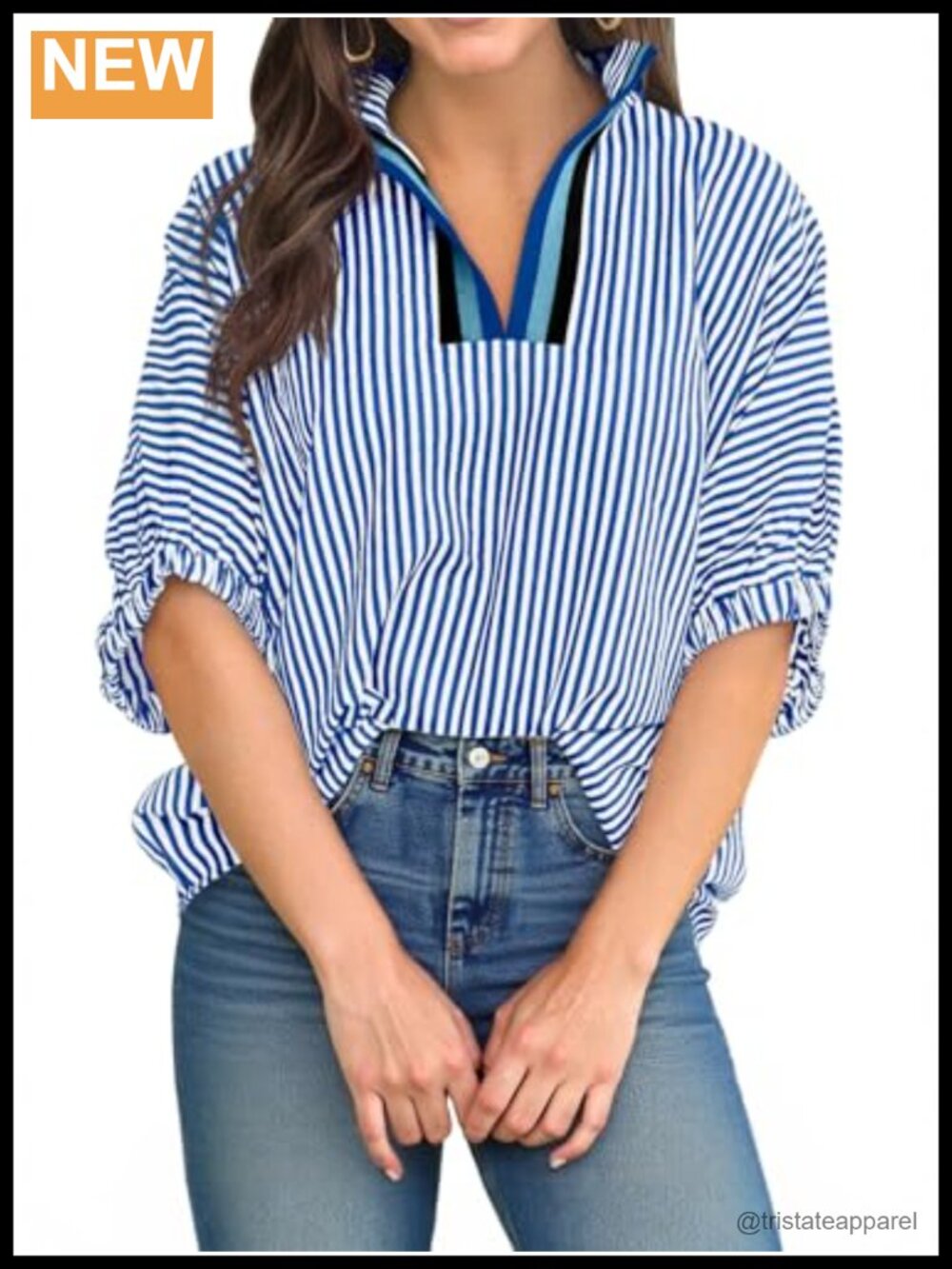 Womens V Neck Striped Dolman Puff Sleeve Blouse